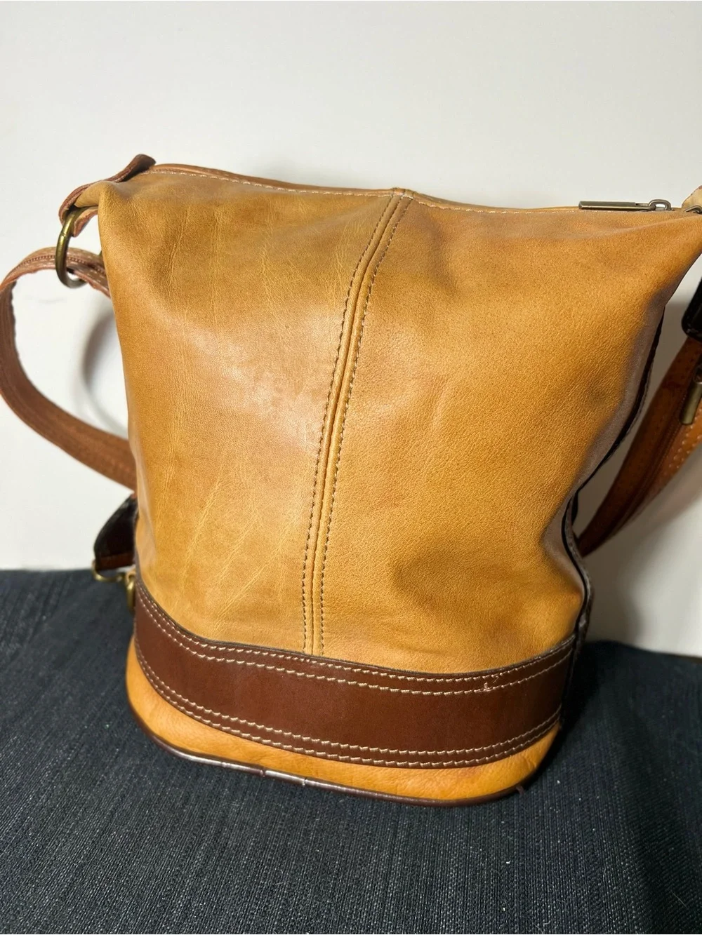 Genuine Italian Leather Bucket Shoulder Bag Brown Two Tone Italy